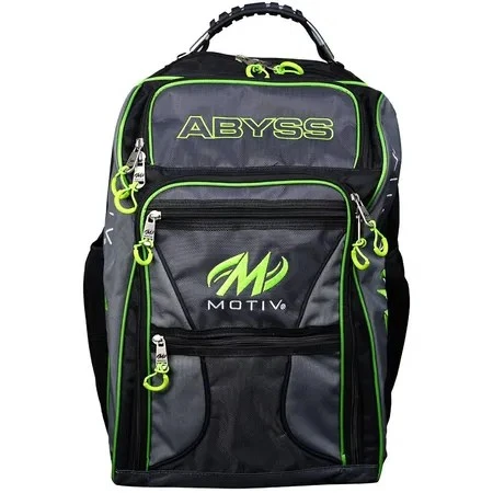 Motiv Abyss Giant Backpack in charcoal gray and black with lime-green piping, an ABYSS logo and a lime Motiv M logo