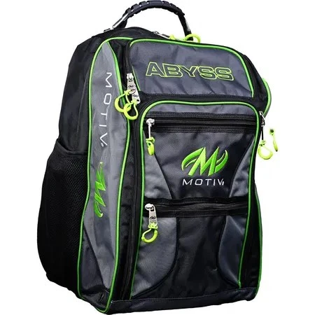 Angled view of the Grey Lime Motiv Abyss bowling backpack showing Motiv side lettering, front zip pockets and a mesh drink pocket