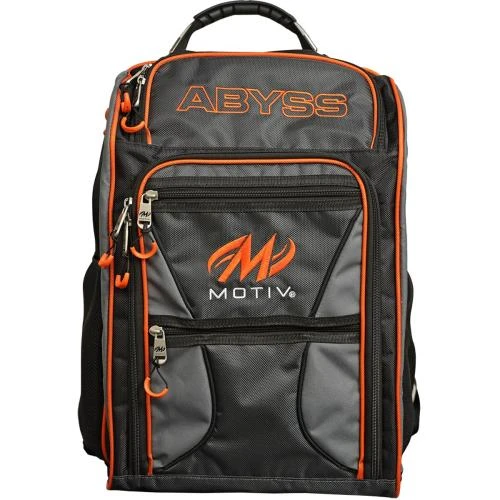 Motiv Abyss Giant Backpack in charcoal gray and black with orange piping, an orange ABYSS logo and an orange Motiv M logo