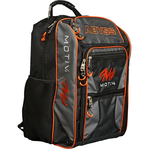 Angled view of the Grey Orange Motiv Abyss bowling backpack showing front zip pockets and a mesh drink pocket