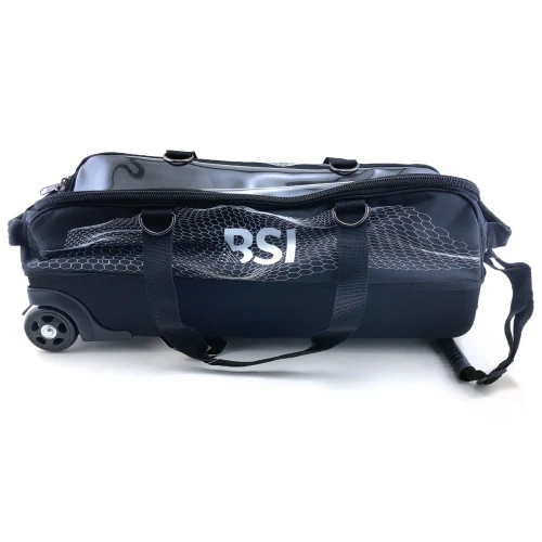 BSI Hard Base 3 Ball Triple Roller Tote in black with honeycomb wave print, a white BSI logo and a clear top compartment
