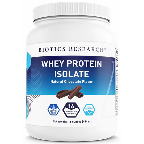 Biotics Whey Protein Isolate Chocolate 16oz. front label
