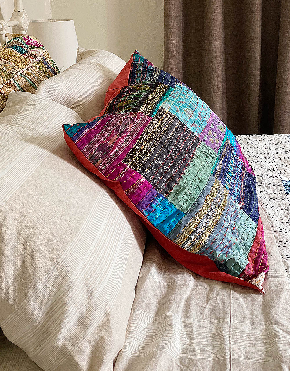 Silk Pillow Slips Kantha Embroidered Patchwork Yummy Linen