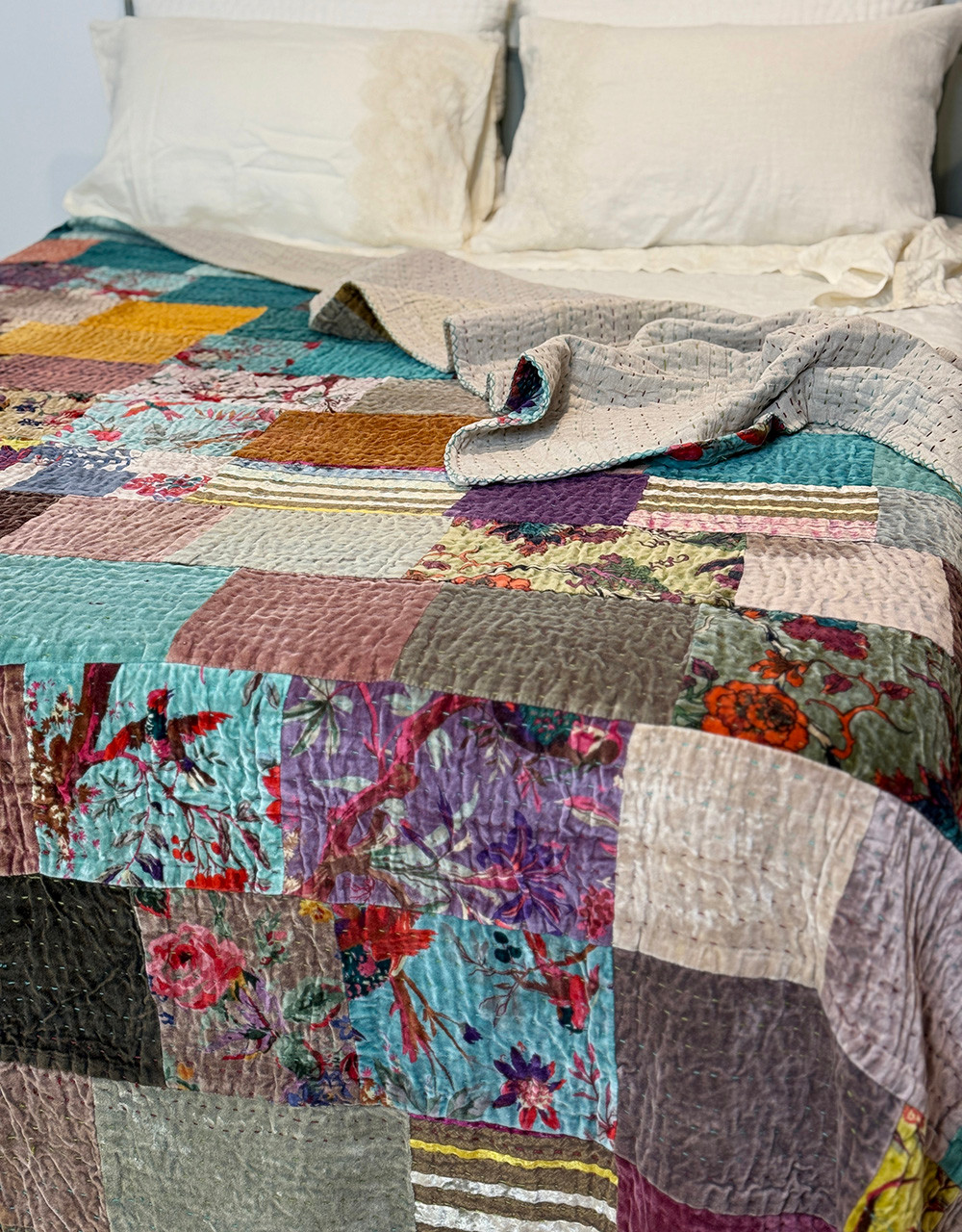 Cotton Velvet Patchwork Blanket Kantha Stitched Yummy Linen