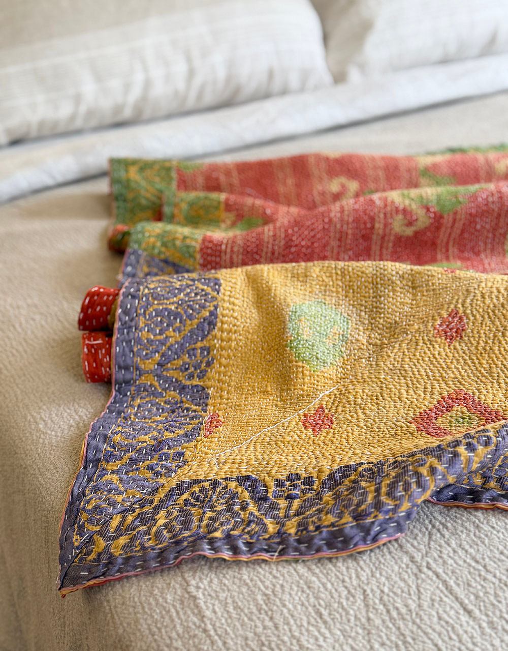 Vintage Kantha Quilt Mustard Diamond Silk Bohemian Baby Rug