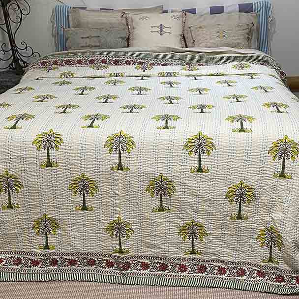 Palm Tree Kantha Quilt King Queen Yummy Linen