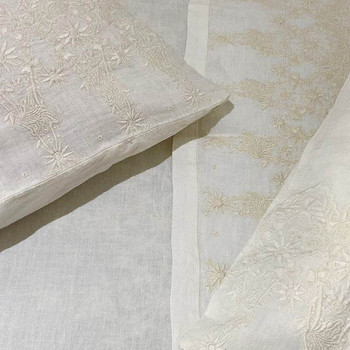 Embroidered Linen Bed Sheet Sets - Fog White - Yummy Linen