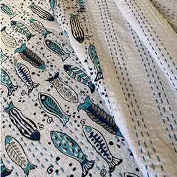 Kantha Cotton Queen Size Quilt - Ati Sundar - Fish