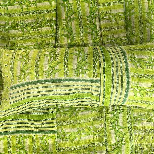 Bamboo print green vintage cotton kantha stitched lumbar pillow, yoga pillow, throw pillow cover. 
Long and narrow a standard pillow folded in half lenght ways will fit this cover. Only 1 left in stock.