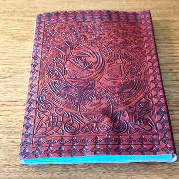 Back cover with the Tree of Life in Mahogany coloured leather.