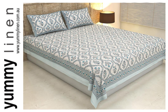 Floral Bedding Cotton Block Printed Flat Sheet 2 x Pillowcases - Queen