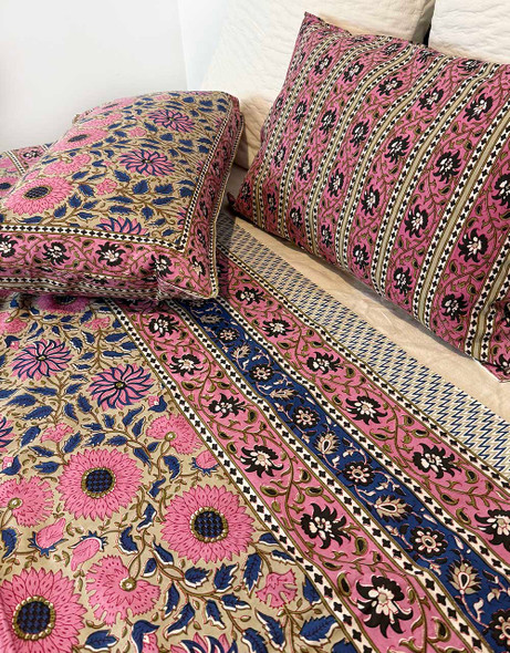 Colourful Floral  Cotton Block Printed Queen Flat Bed Sheet With Matching Pillowslips