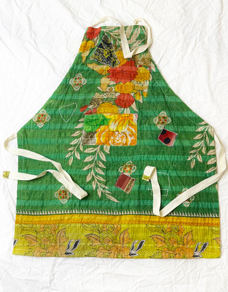 Apron Bohemian Kantha Cafe Green Floral Vintage Cooking Art Apron