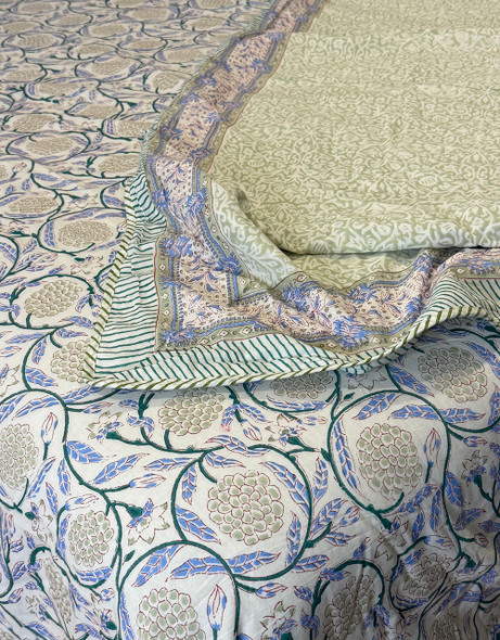 Cotton Bed Sheet Block Printed Reversible and Cooling- Blue/Green