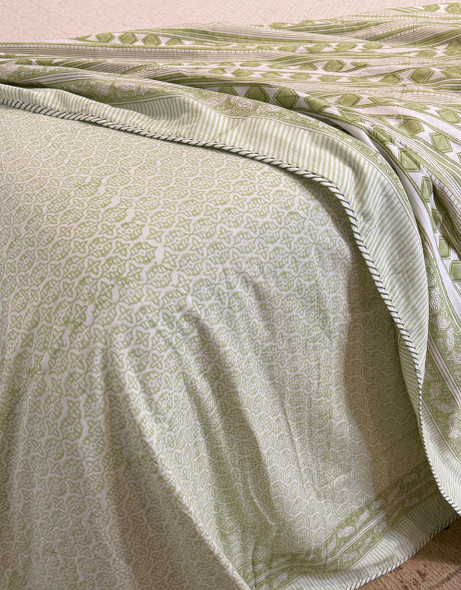  Mulmul Cotton Bed Sheet Block Printed Reversible Soft and Cooling- Green