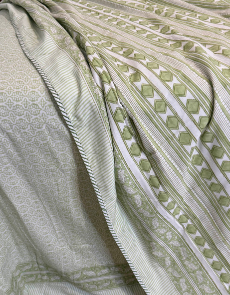 Mulmul Cotton Bed Sheet Block Printed Reversible Soft and Cooling- Green