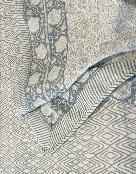 Reversible Cooling Soft Cotton Sheet Hand Printed Blue K/Q