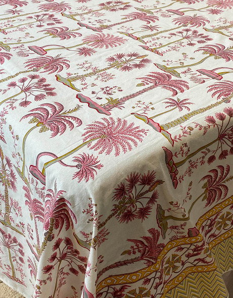 Palm Tree Cotton Block Printed Queen Flat Bed Sheet With Matching Pillowslips