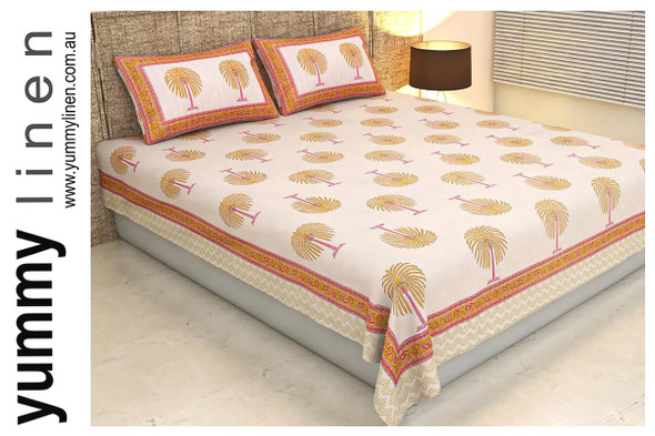 Palm Tree Cotton Block Printed Queen Flat Bed Sheet With Matching Pillowslips