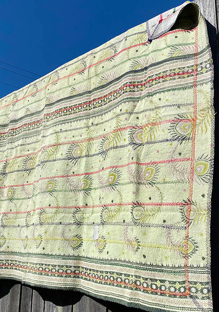 Nakshi Vintage Kantha Throw Blanket - Retro Boho Hand stitched Kantha Quilt Yummy Linen