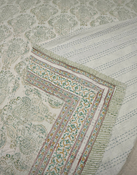 White Kantha Bedspread Hand Stitched Floral Queen