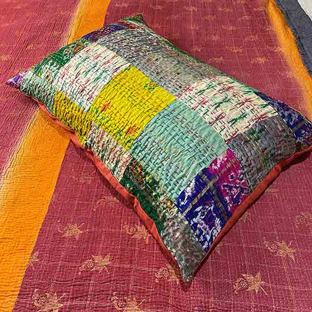 Silk Embroidered Pillow Covers Kantha Patchwork Pillow Case