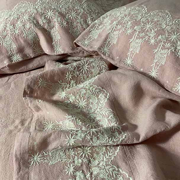 Embroidered Linen Bed Sheet Sets - Dawn Dusty Pink Yummy Linen