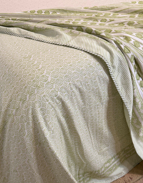 Cotton Bed Sheet Block Printed Reversible Cooling Green