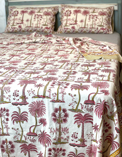 Palm Tree Cotton Block Printed Queen Flat Bed Sheet With Matching Pillowslips