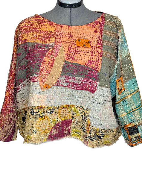 multicoloured patchwork textured vintage kantha cotton fabric long sleeve shirt or over shirt, as a layering piece. Unique and hand-stitched, this garment is a show piece.