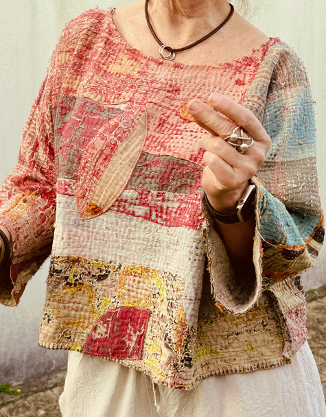 multicoloured patchwork textured vintage kantha cotton fabric long sleeve shirt or over shirt, as a layering piece. Unique and hand-stitched, this garment is a showpiece.