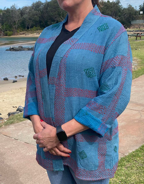 Vintage Kantha Kimono Coat Rugged Bohemian Blue Jacket