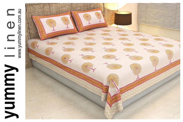Palm Tree Cotton Block Printed Q/ Flat Sheet Pillowslip set