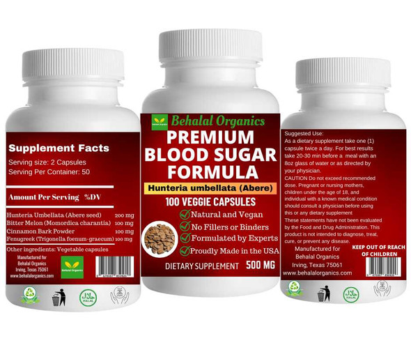 Blood Sugar Formula Premium Support with Abere, Cinnamon, Fenugreek, Bittermelon 100 Counts Behalal Organics