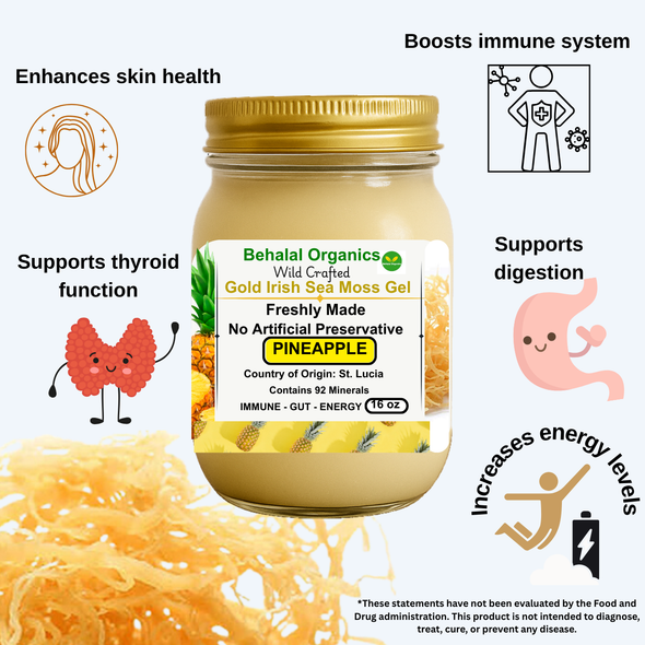 Jar of Pineapple Irish Sea Moss Gel by Behalal Organics – Wildcrafted St. Lucia Gold sea moss infused with real pineapple, organic vegan superfood supplement in glass jar, shown with fresh pineapple and tropical background