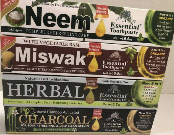 Toothpaste,Fluoride Free Essential: Neem, Miswak, Blackseed & Charcoal. Pick one 