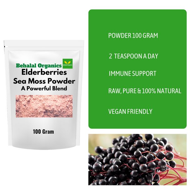 Sea Moss Powder with Elderberry Immune Boost - Elderberry Supplements Elderberry Drink Mix Vegan Elderberry Powder Multivitamin Powder - 4Oz Behalal Organics