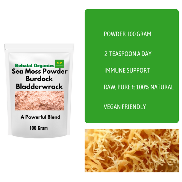 Sea moss bladderwrack and burdock root super blend powder Behalal Organics