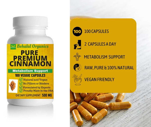 Cinnamon Ceylon Complex 500 mg (per serving) 100 Vegetarian Capsules Behalal Organics