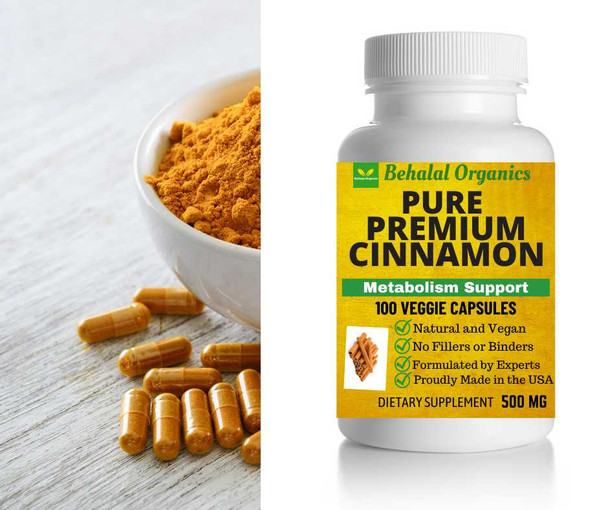 Cinnamon Ceylon Complex 500 mg (per serving) 100 Vegetarian Capsules Behalal Organics