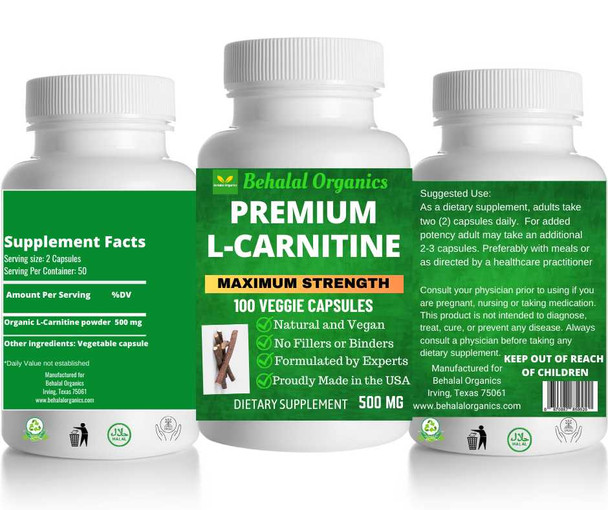 L-Carnitine 100 Quick vegan Capsules - 500mg Per Capsule Behalal Organics