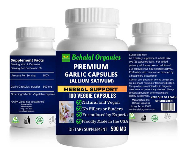Garlic 100 Quick Release Capsules - 500mg Per Capsule Behalal Organics