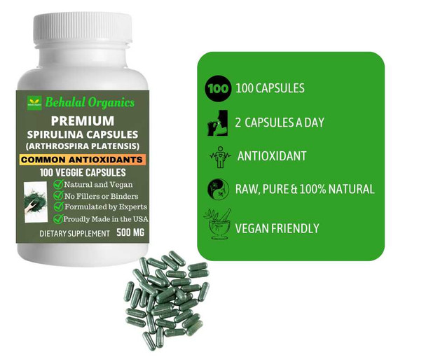 Spirulina 100 Quick Release Capsules - 500mg Per Capsule Behalal Organics