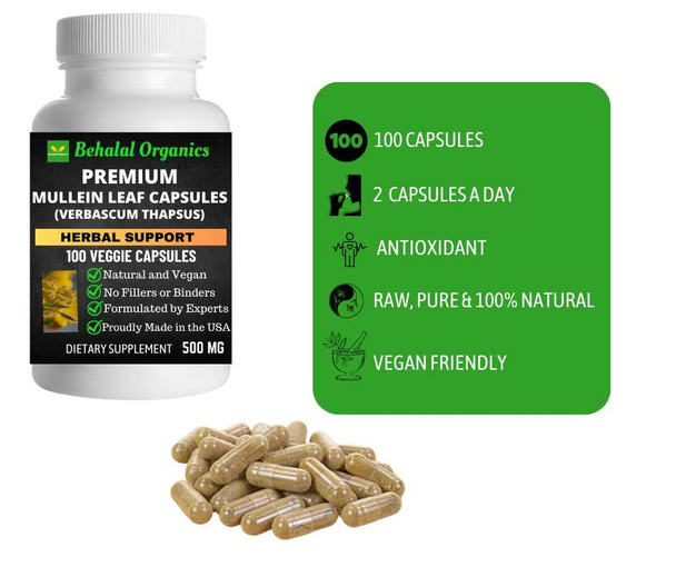 Mullein Leaf 100 Quick Release Capsules - 500mg Per Capsule Behalal Organics