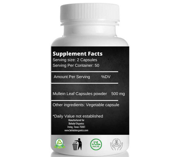 Mullein Leaf 100 Quick Release Capsules - 500mg Per Capsule Behalal Organics