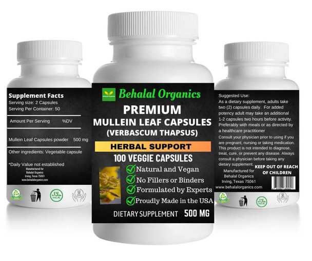 Mullein Leaf 100 Quick Release Capsules - 500mg Per Capsule Behalal Organics