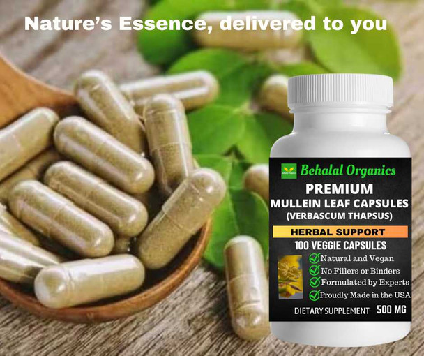 Mullein Leaf 100 Quick Release Capsules - 500mg Per Capsule Behalal Organics