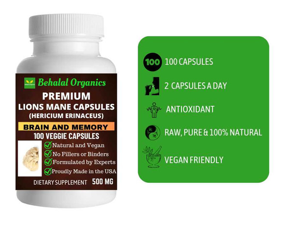 Lions Mane 100 Quick Release Capsules - 500mg Per Capsule Behalal Organics