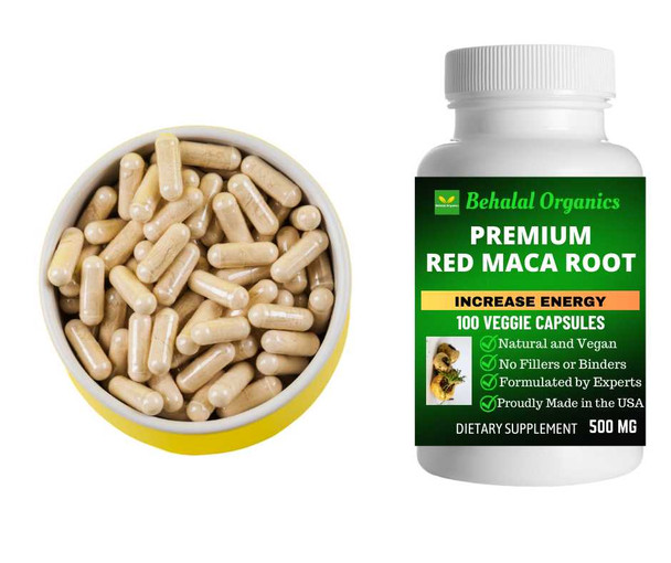 Red Maca Root 100 Quick Release Capsules - 500mg Per Capsule Behalal Organics