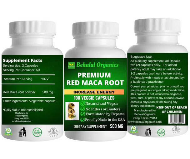 Red Maca Root 100 Quick Release Capsules - 500mg Per Capsule Behalal Organics